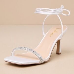 Lulus Ainslie White Satin Rhinestone Lace-up High Heel Sandals - Size 9